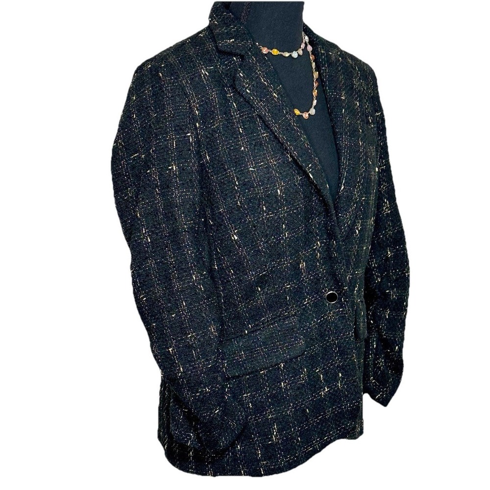 NY Collection Blazer Size S Black Gold Metallic Tweed Plaid Lined‎ MTWJ1948